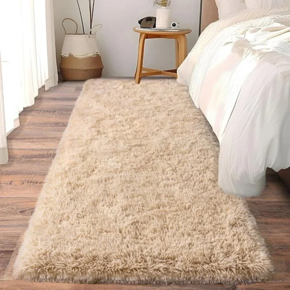 2x6 Soft Runner Rug, Beige Fluffy Shag, Non-Slip Carpet for Bedroom & Hallway